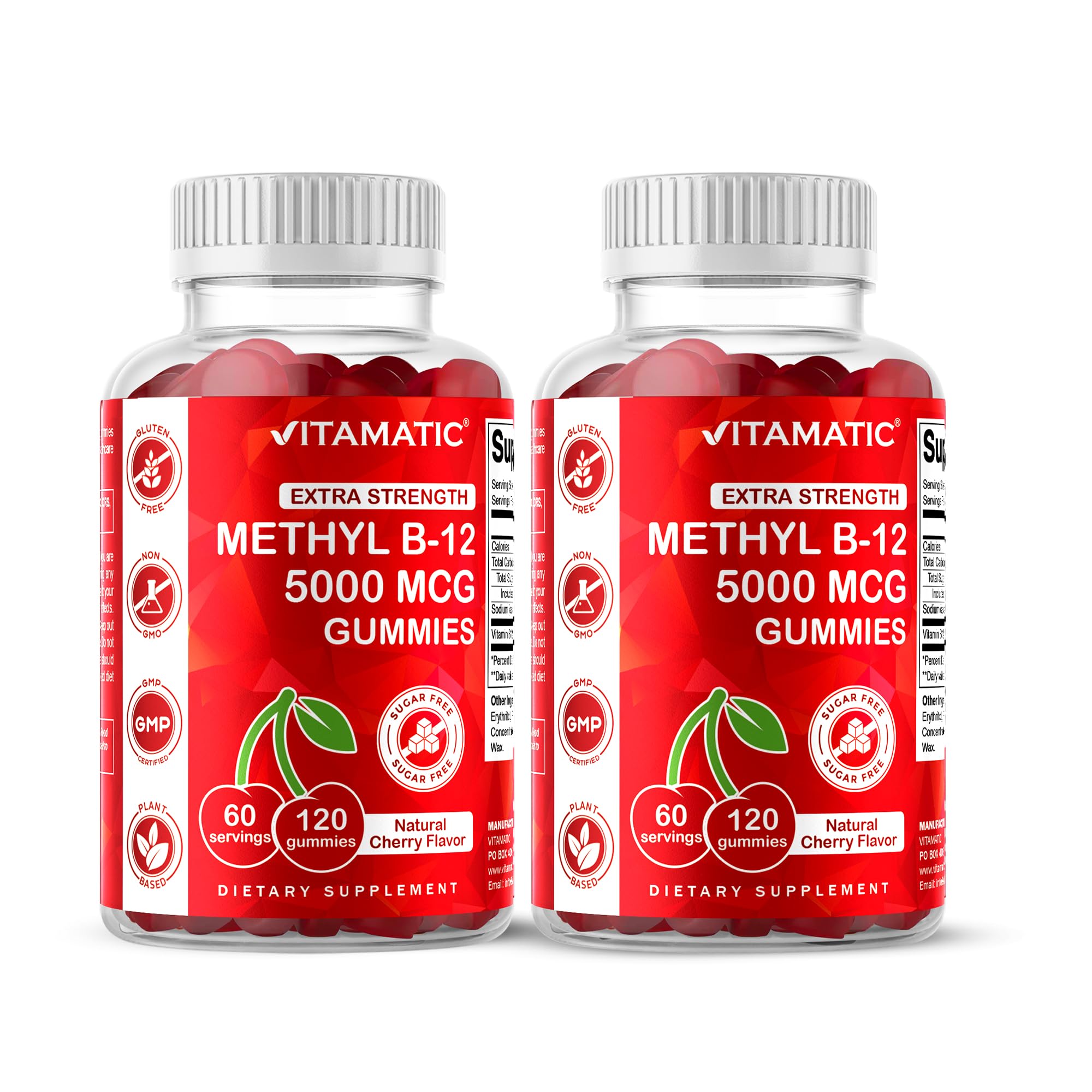 Vitamatic B12 gummies front bottle showing cherry flavor for daily energy support.