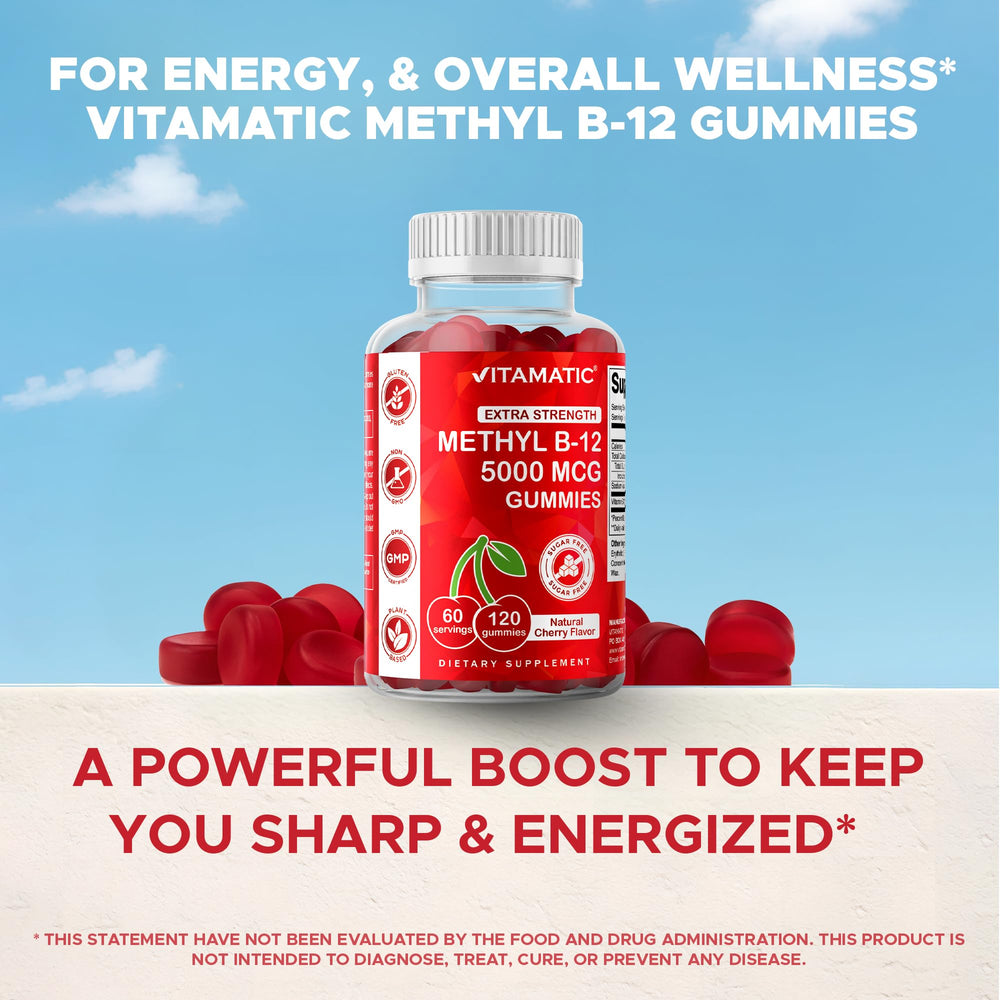 Vitamatic B12 gummies natural cherry flavor bottle closeup.
