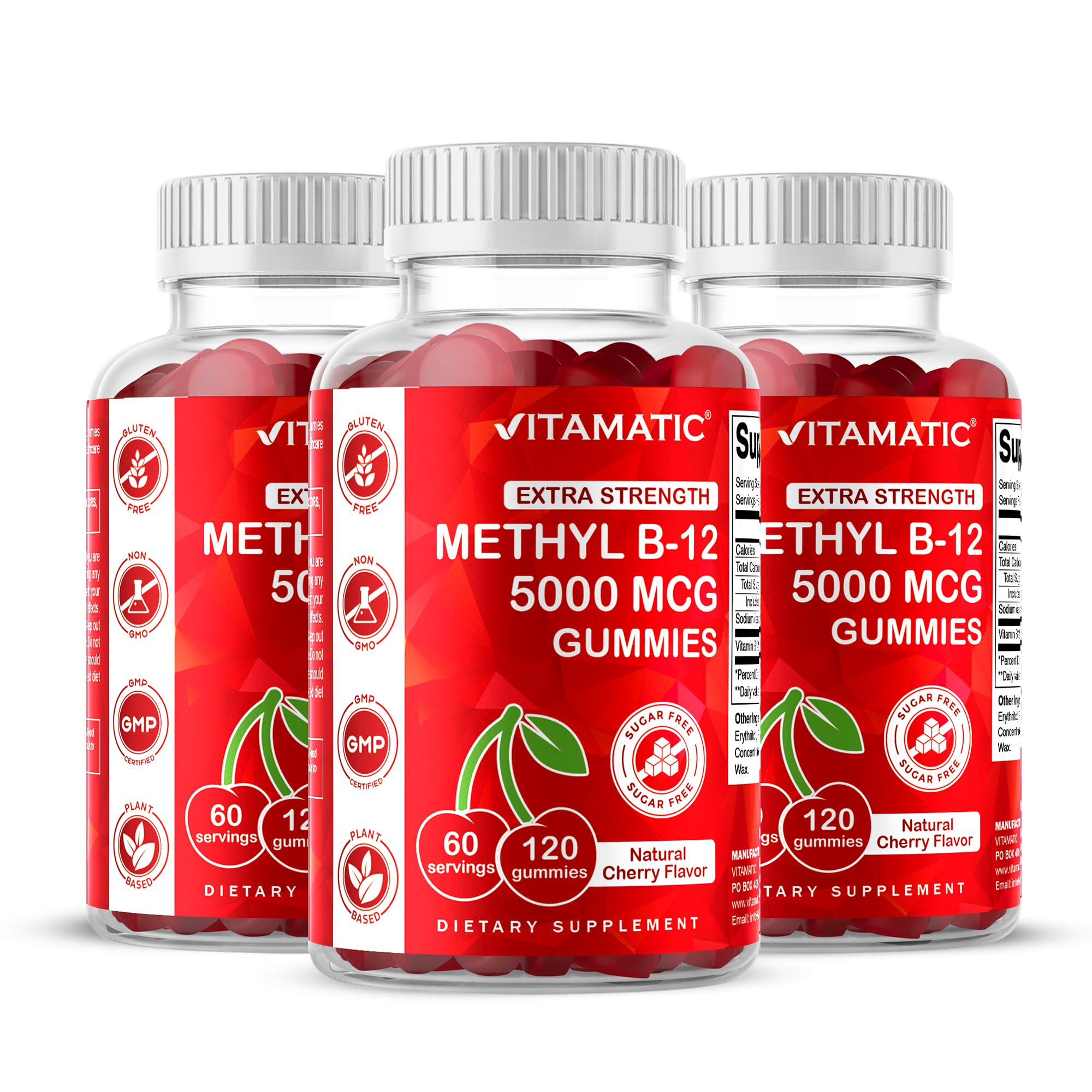 Vitamatic B12 gummies natural cherry jar: convenient energy support for daily life.