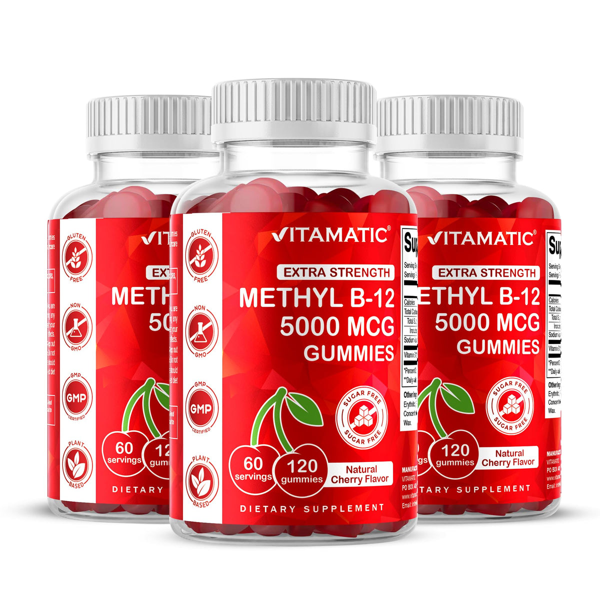 Vitamatic B12 gummies natural cherry jar: convenient energy support for daily life.