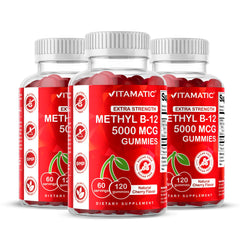Vitamatic B12 gummies natural cherry jar: convenient energy support for daily life.
