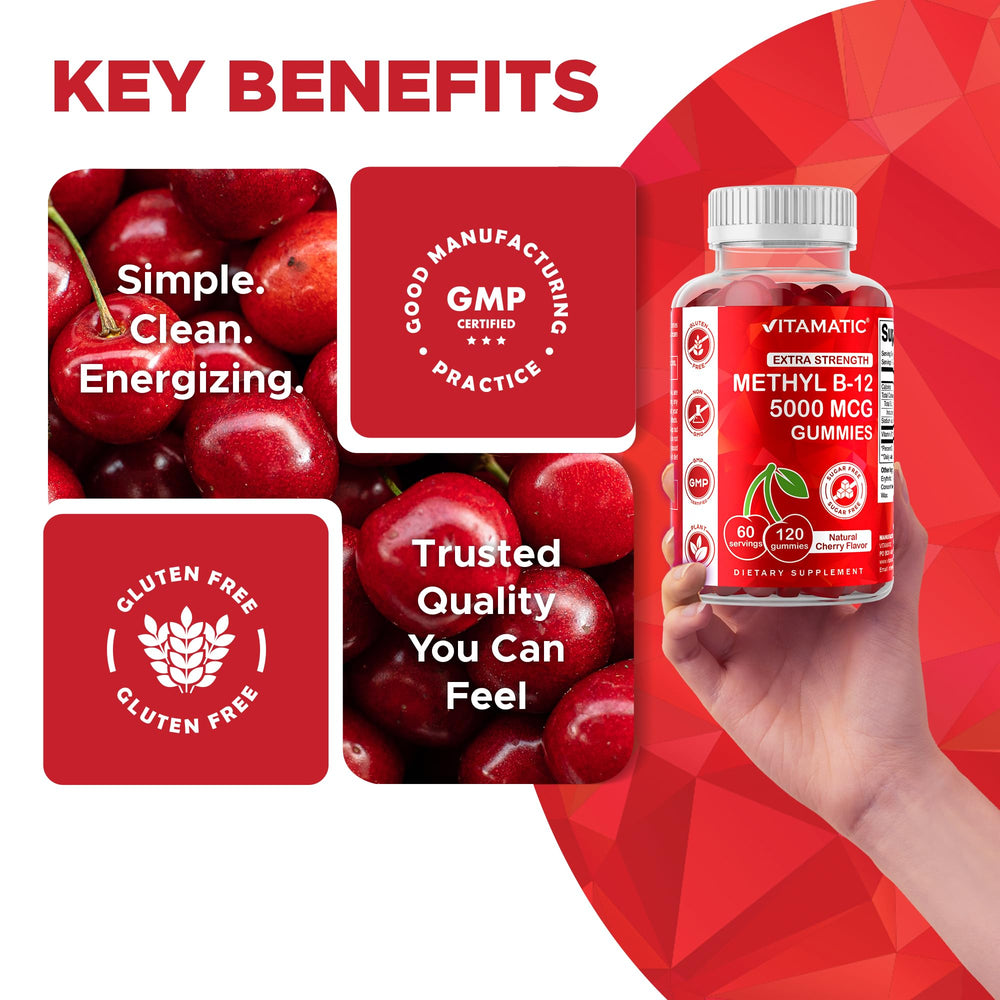Vitamatic B12 gummies nutrition facts label with serving information.