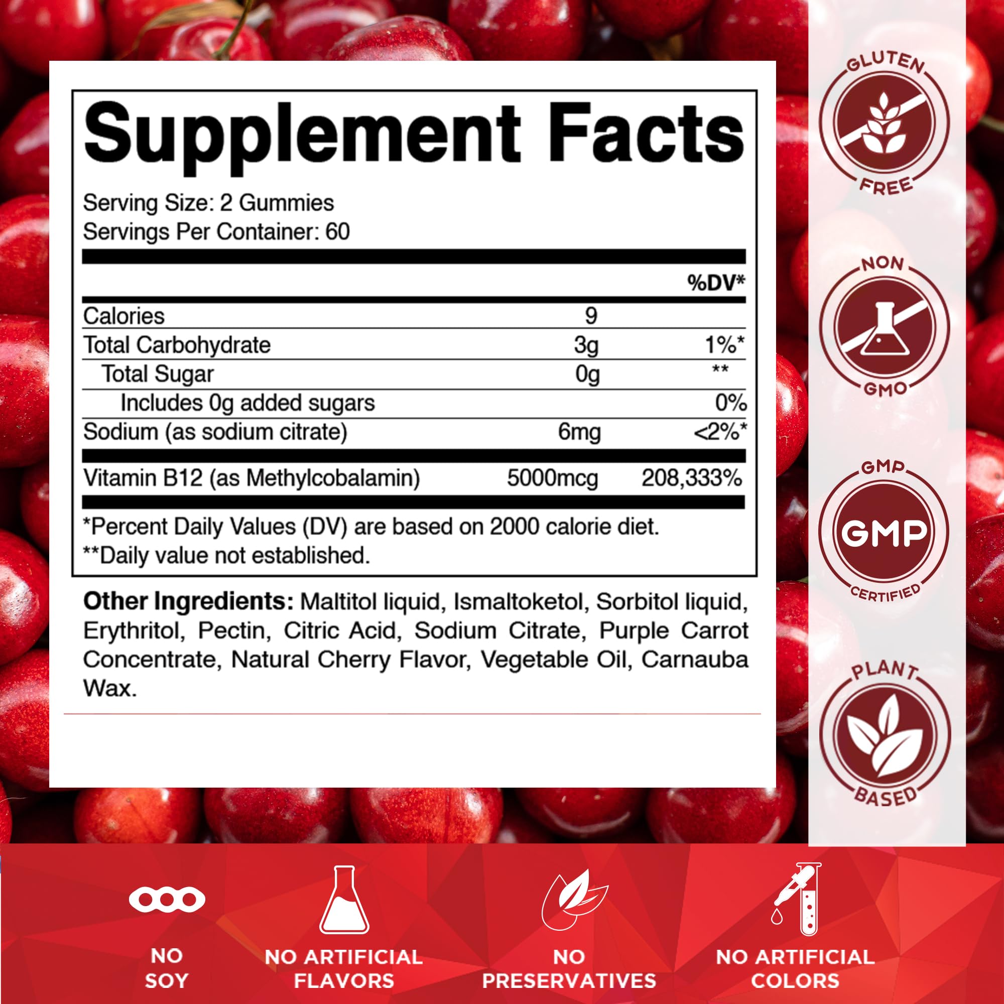 Vitamatic B12 gummies packaging side highlighting gluten-free non-GMO formula.