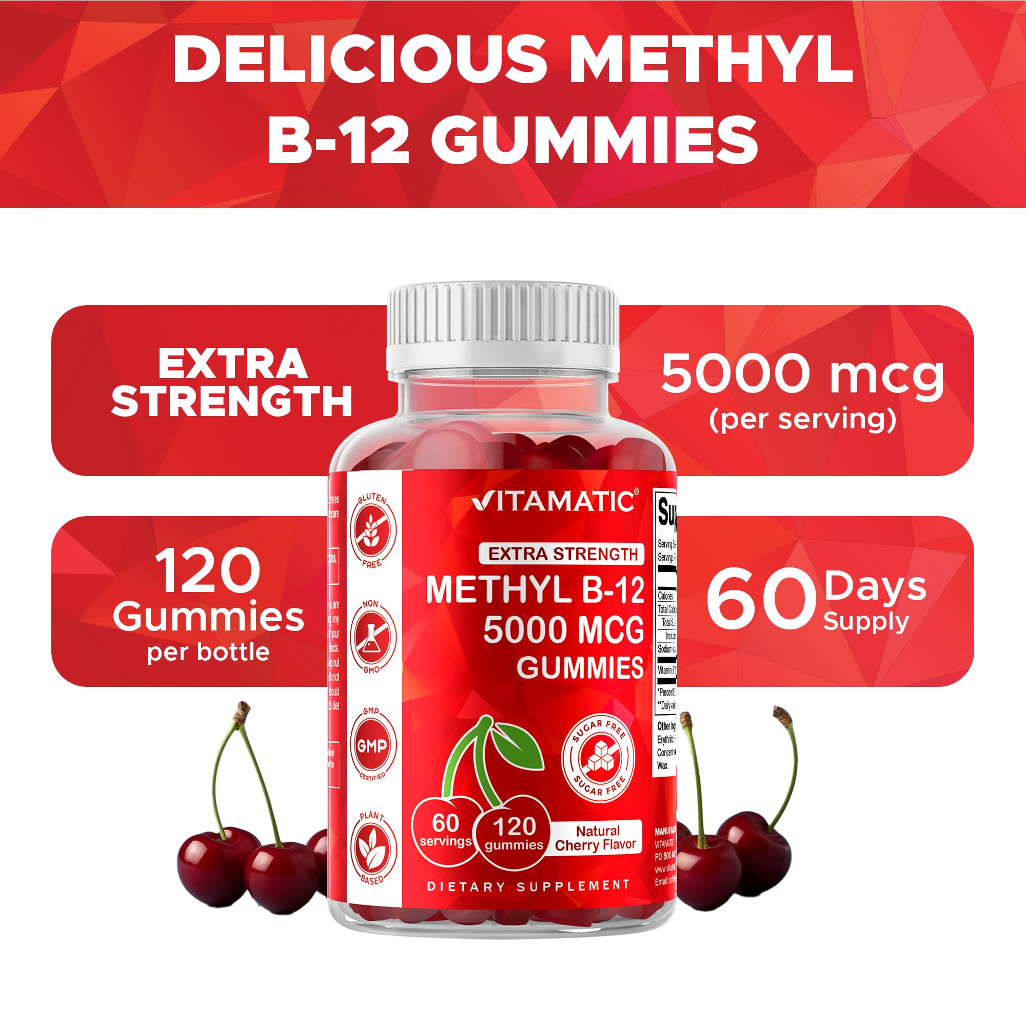 Vitamatic B12 gummies vegan-friendly label communicates plant-based ingredients.