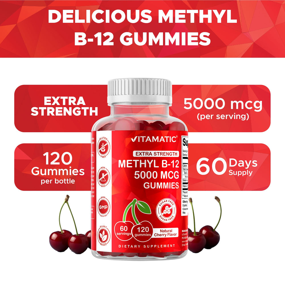 Vitamatic B12 gummies vegan-friendly label communicates plant-based ingredients.