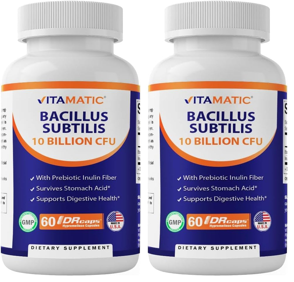 Vitamatic Bacillus Subtilis bottle front for easy daily digestive support