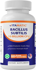 Vitamatic Bacillus Subtilis bottle front with capsules for daily digestive support
