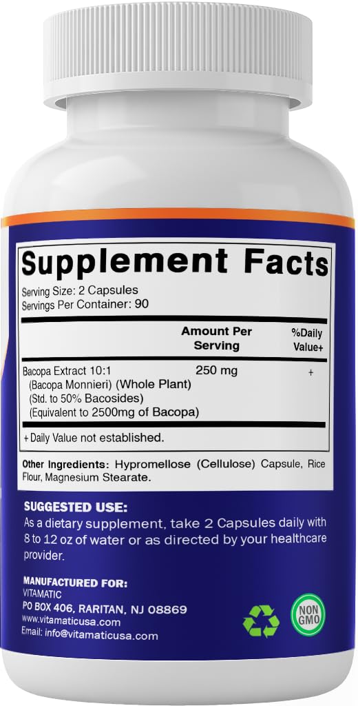 180 vegetable capsules in the Vitamatic Bacopa bottle