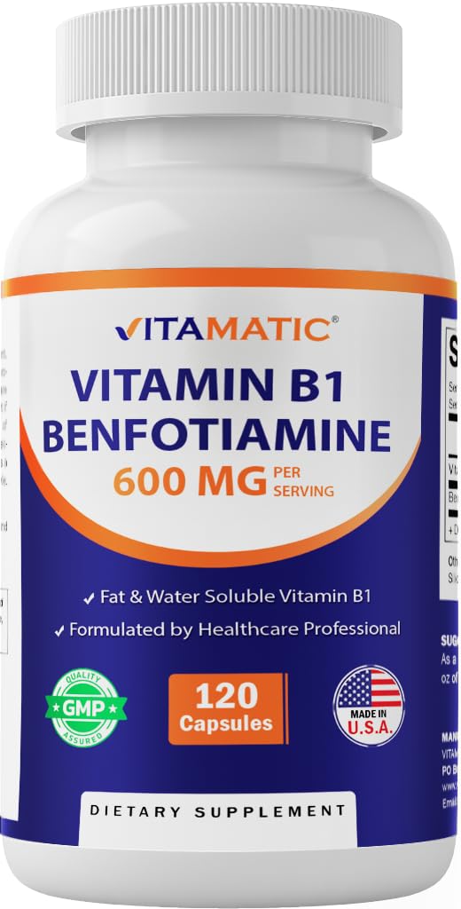 Vitamatic Benfotiamine 300mg bottle pour for a simple daily supplementation routine.
