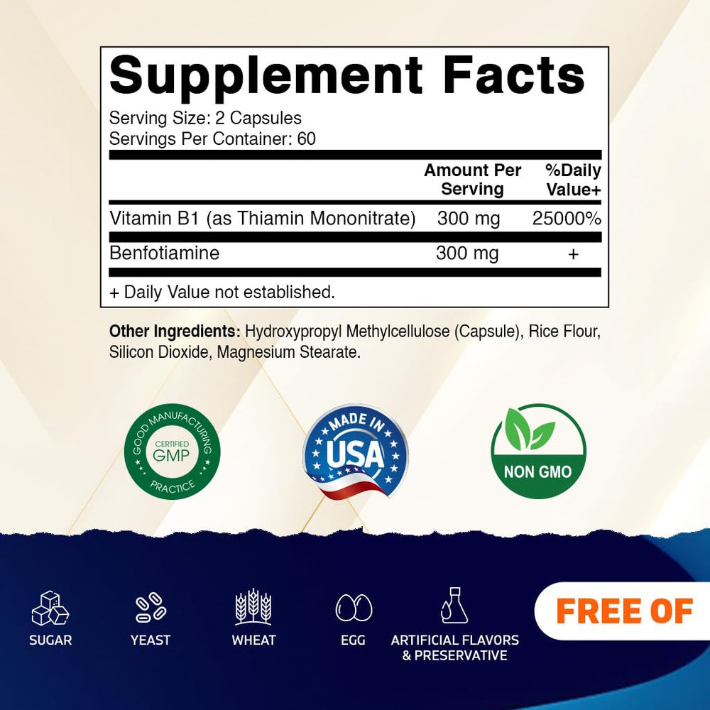Vitamatic Benfotiamine 300mg capsules closeup showing easy-to-swallow vegetarian capsules.