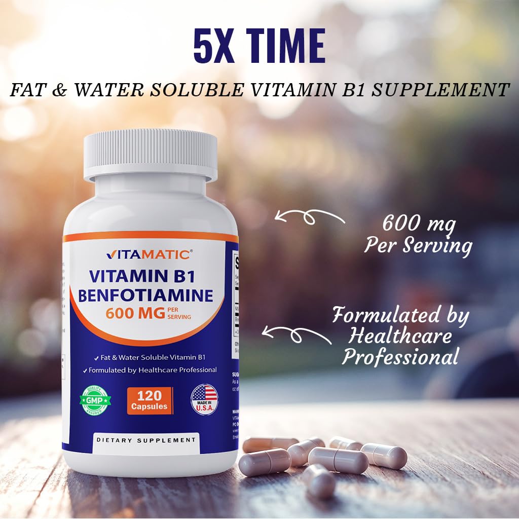 Vitamatic Benfotiamine 300mg non-GMO formula displayed with clear ingredients.