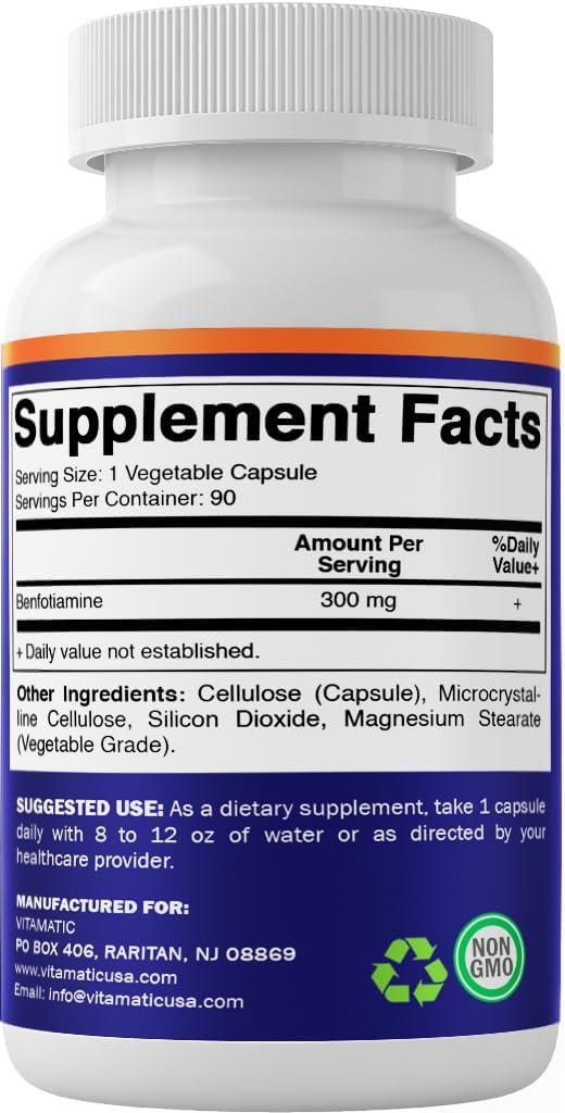Vitamatic Benfotiamine bottle on shelf with easy-to-store design.