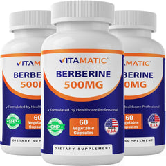 Vitamatic Berberine 500mg bottle front, may support healthy metabolism.