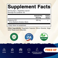 Vitamatic Berberine 500mg bottle side shows gluten-free, non-GMO formulation.