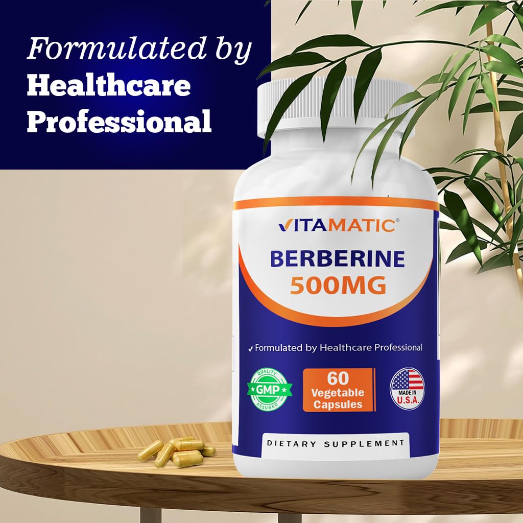 Vitamatic Berberine 500mg packaging closeup shows Made in USA quality.