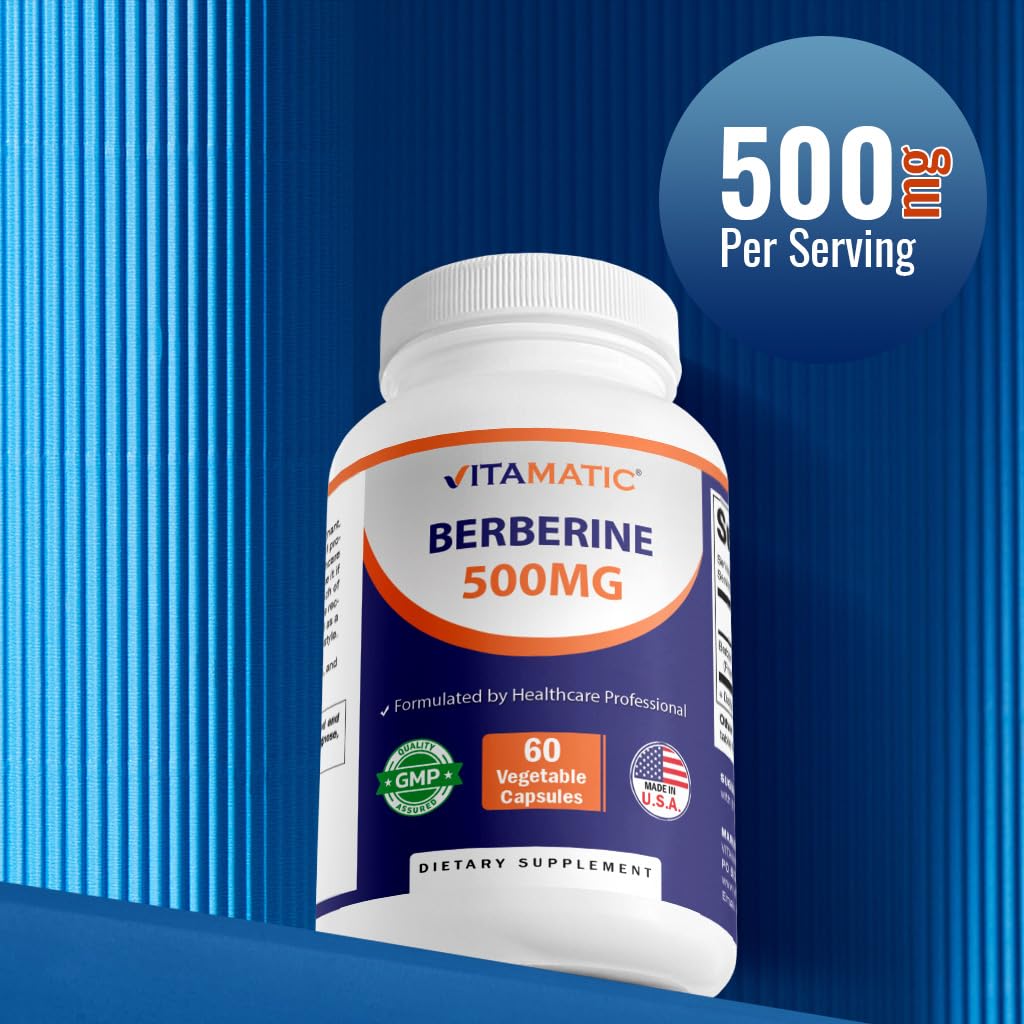 Vitamatic Berberine 500mg gluten-free symbol confirms allergen-friendly option.