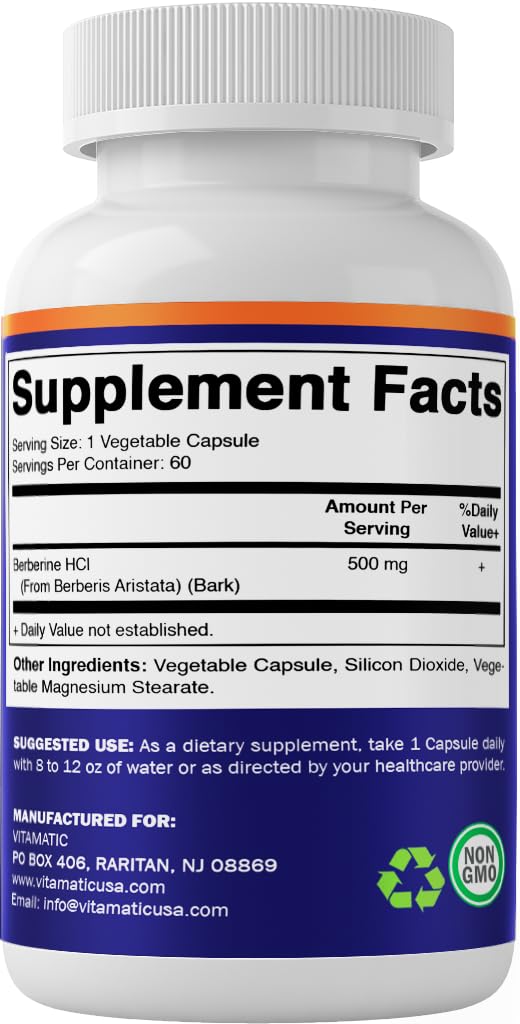 Vitamatic Berberine 500mg bottle with vegetable capsules demonstrates easy daily intake.