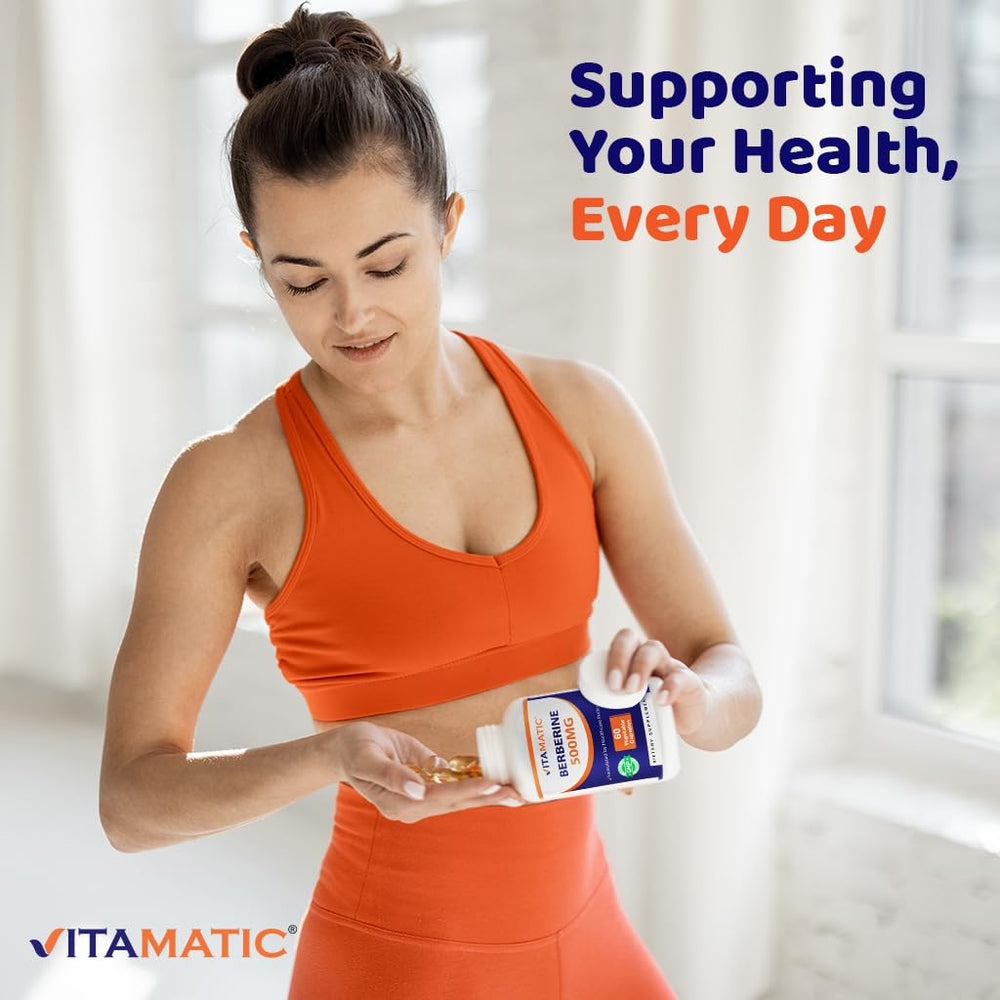 Vitamatic Berberine 500mg two-bottle image emphasizes value and ongoing routine.