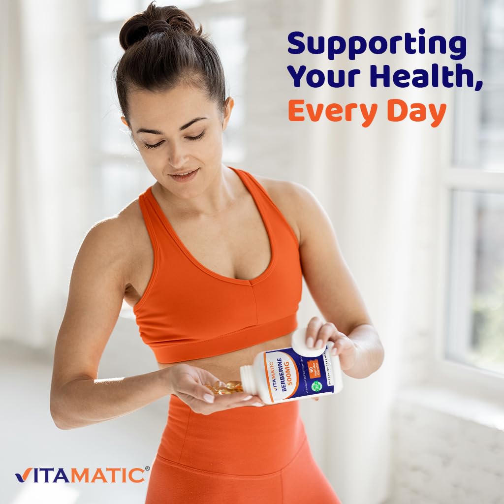 Vitamatic Berberine bottle gluten-free icon, clear dietary info.