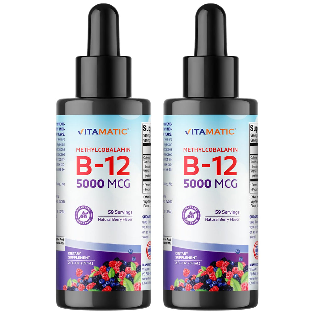 Vitamatic berry flavor liquid B12 bottle ready for daily energy support