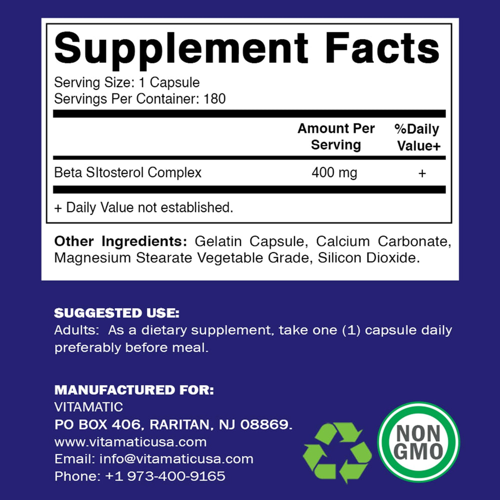 Vitamatic Beta SItosterol 400 mg capsules close-up, easy-to-swallow for daily use.
