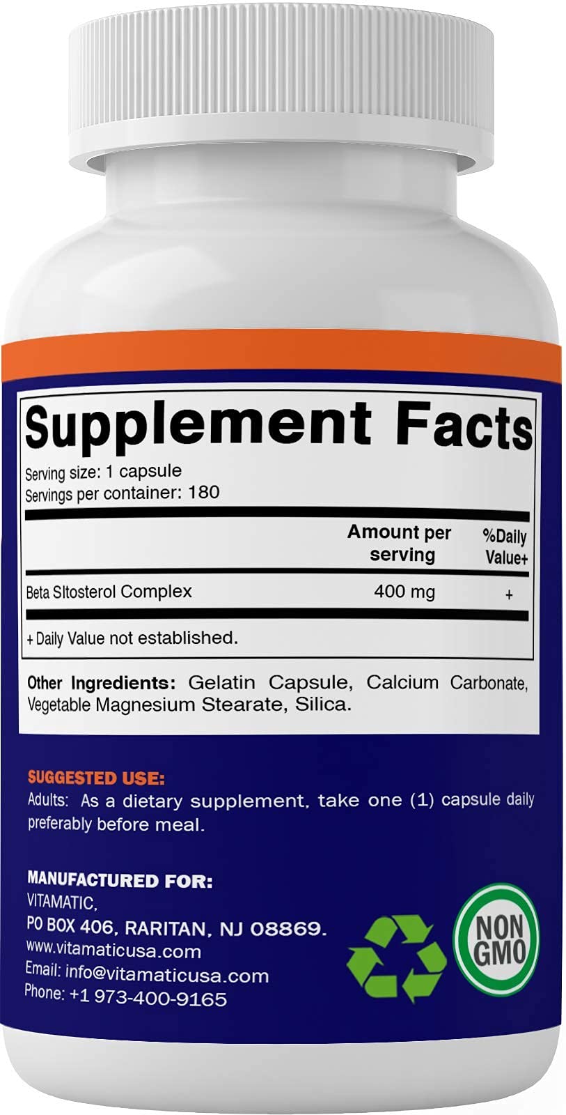 Vitamatic Beta SItosterol 400 mg packaging box showcases USA GMP quality.