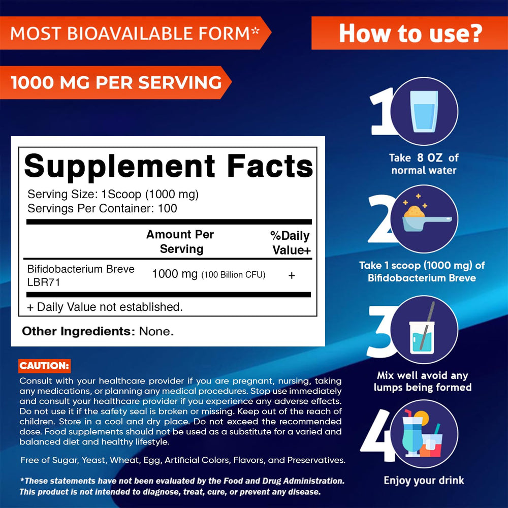 Vitamatic Bifidobacterium Breve Probiotic Powder label highlights 100 Billion CFU per serving.