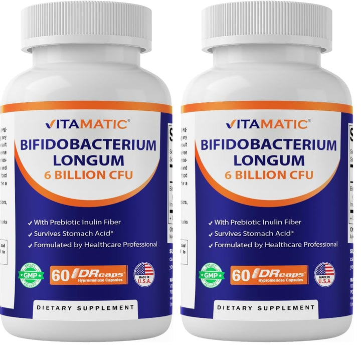 Vitamatic Bifidobacterium Longum bottle label highlights gut health support.