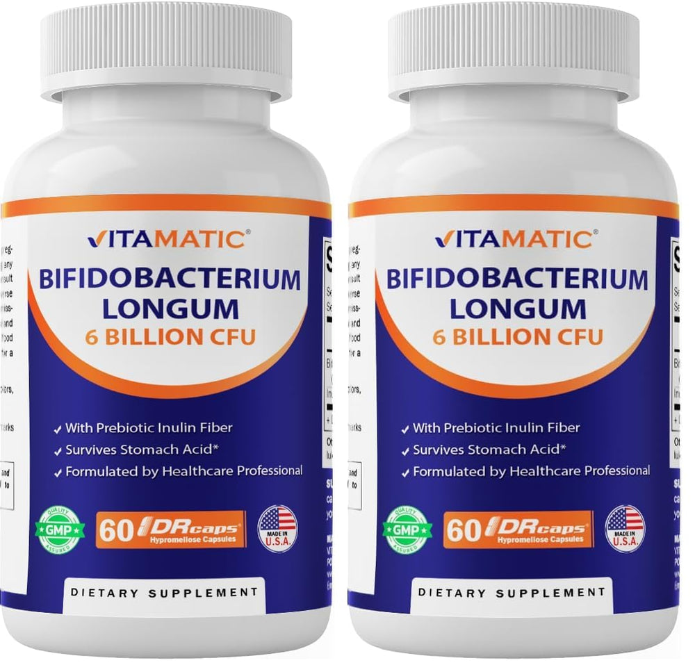 Vitamatic Bifidobacterium Longum bottle label highlights gut health support.