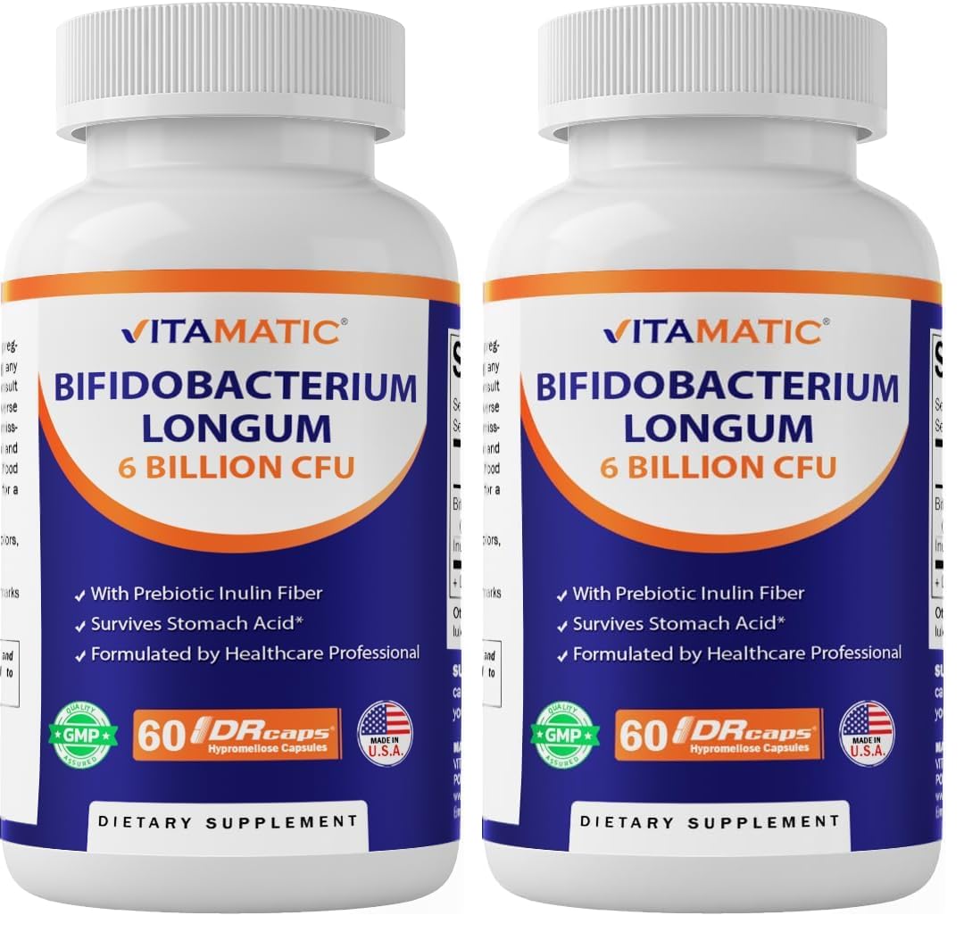 Vitamatic Bifidobacterium Longum bottle label highlights gut health support.