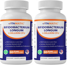 Vitamatic Bifidobacterium Longum bottle label highlights gut health support.