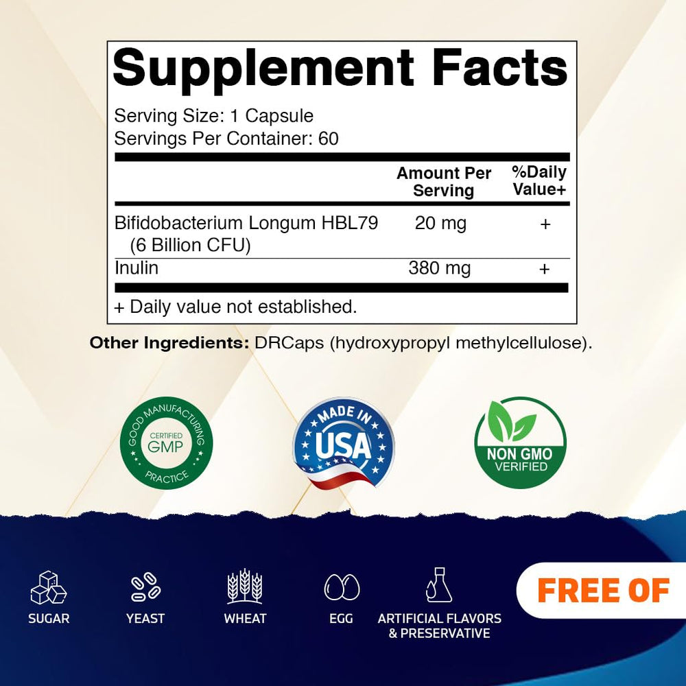 Vitamatic Bifidobacterium Longum capsules in DRcaps protect ingredients from stomach acid.
