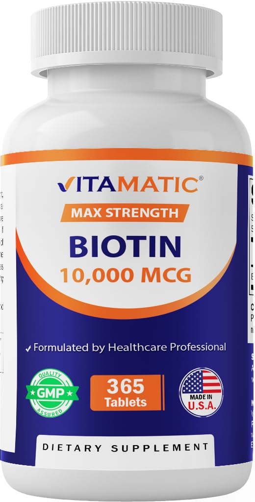 Vitamatic Biotin 10,000 mcg bottle front label highlighting vegan tablets.