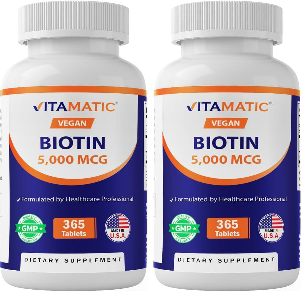 Vitamatic Biotin 5000mcg bottle front for stronger hair, skin and nails.