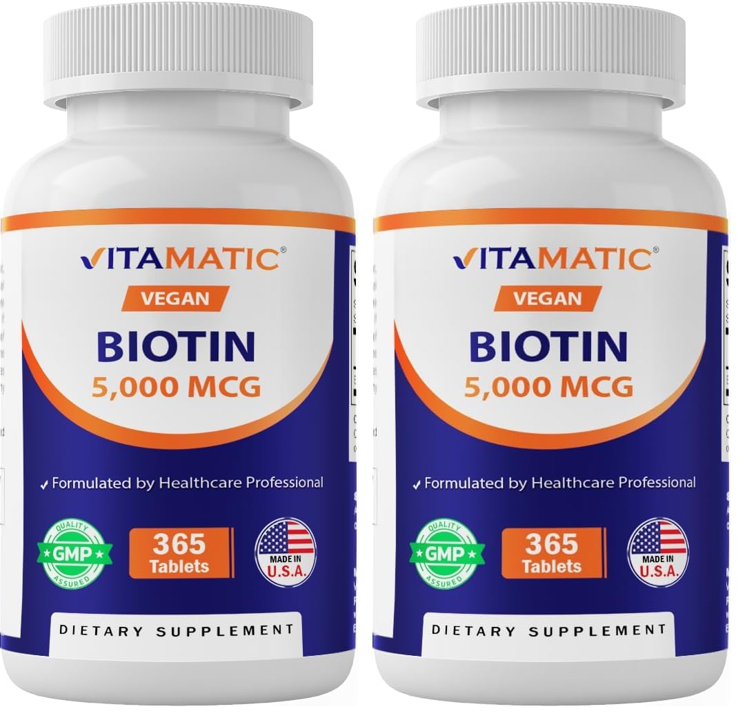 Vitamatic Biotin 5000mcg bottle front for stronger hair, skin and nails.
