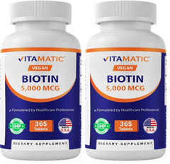Vitamatic Biotin 5000mcg bottle front for stronger hair, skin and nails.