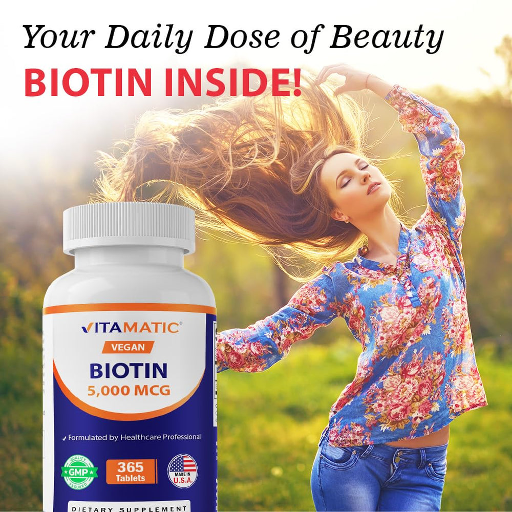 Made in USA label on Vitamatic Biotin 5000mcg bottle.