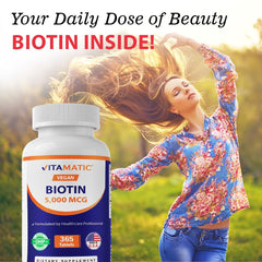 Made in USA label on Vitamatic Biotin 5000mcg bottle.