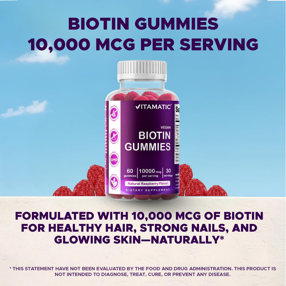 Vitamatic Biotin Gummies are free from starch, soy, yeast, wheat, and egg.