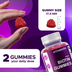 Vitamatic Biotin Gummies raspberry aroma and chewy texture enhance daily routine.