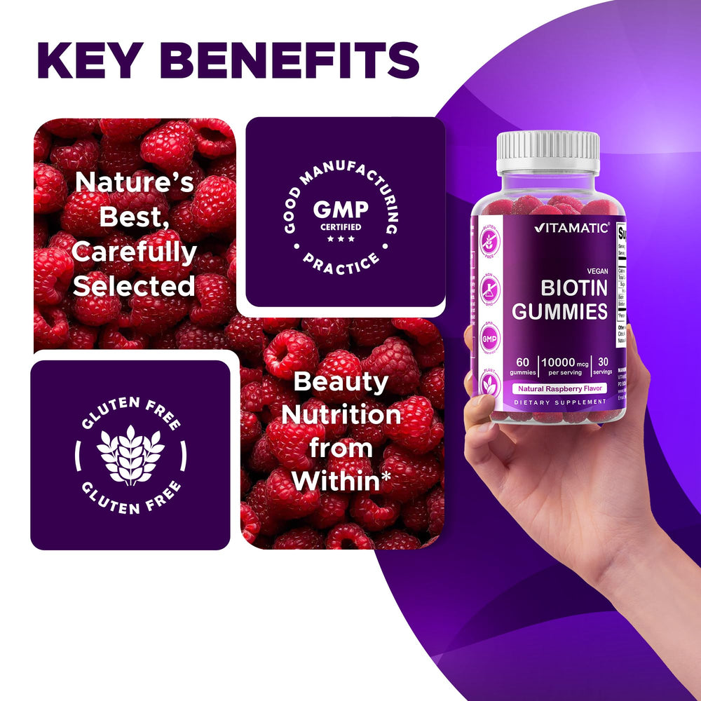Vitamatic Biotin Gummies free of artificial colors and preservatives.