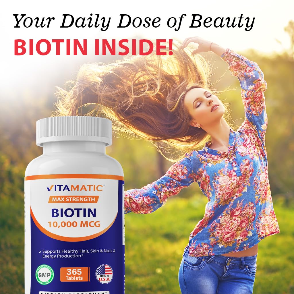 Vitamatic Biotin tablets with smooth coating ready for daily use.