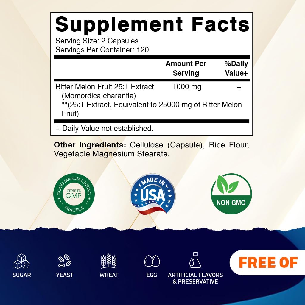 Vitamatic Bitter Melon bottle back noting non-GMO and gluten-free formulation.