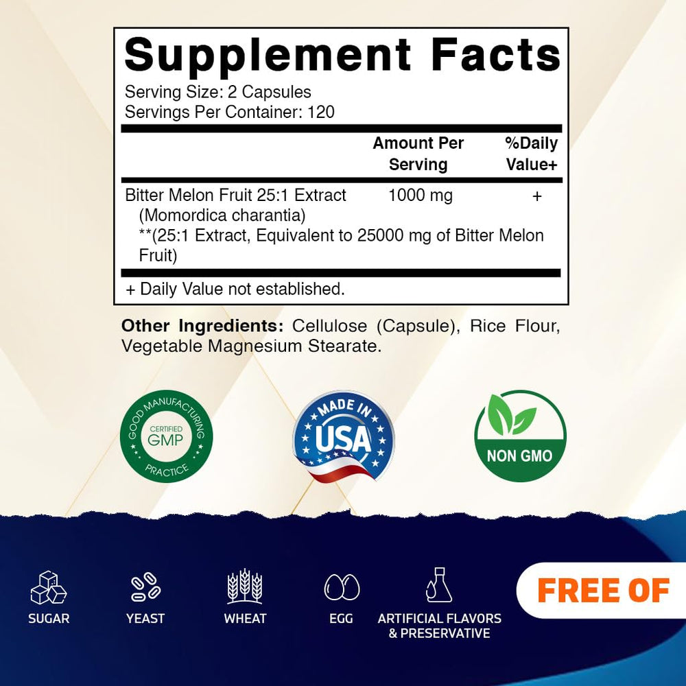 Vitamatic Bitter Melon bottle back noting non-GMO and gluten-free formulation.