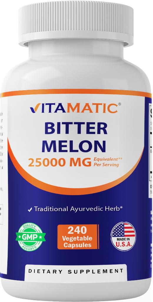 Vitamatic Bitter Melon bottle front highlighting 25X potency and vegetarian capsules.