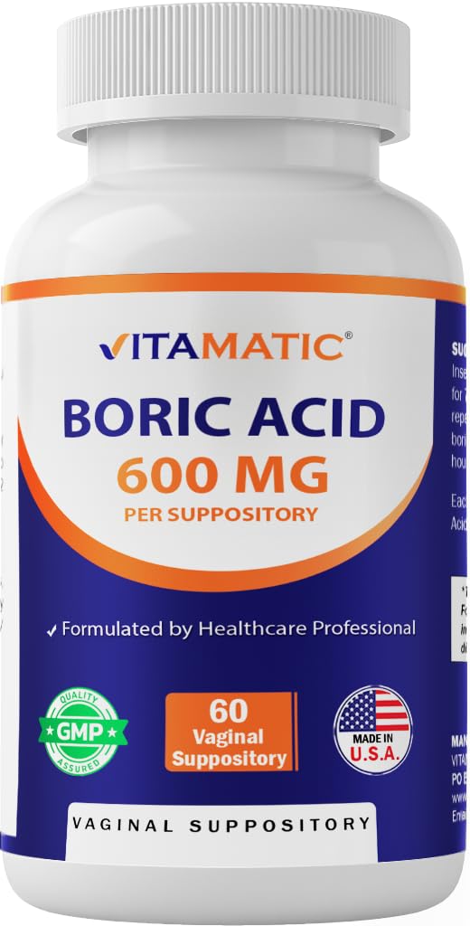 Vitamatic Boric Acid Vaginal Suppositories box front showing gluten-free and non-GMO formula.