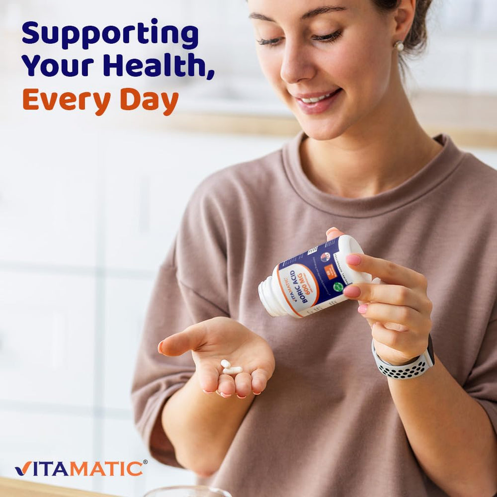 Vitamatic Boric Acid Vaginal Suppositories facility badge indicating GMP-compliant USA production.