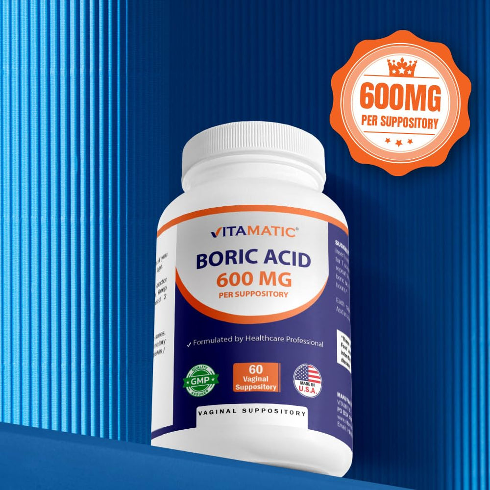 Vitamatic Boric Acid Vaginal Suppositories vegan capsule close-up emphasizing allergy-friendly ingredients.