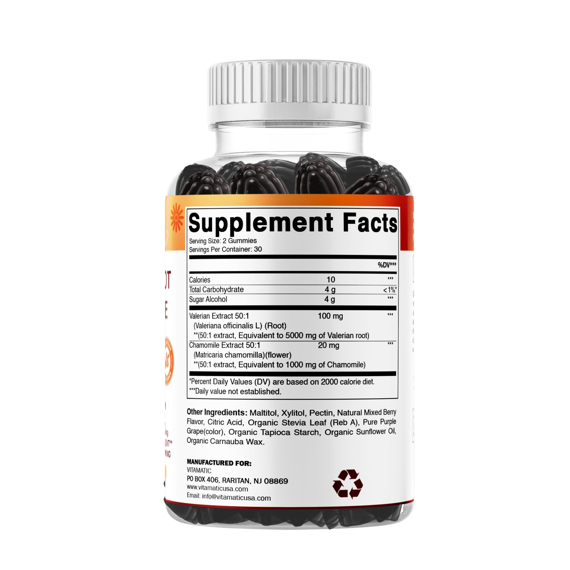 Vitamatic bottle shows 60 gummies for monthly supply.