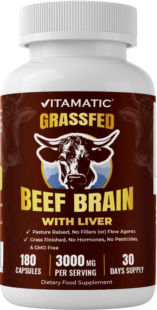 Vitamatic bottle full of grass-fed beef brain with liver capsules for daily support.
